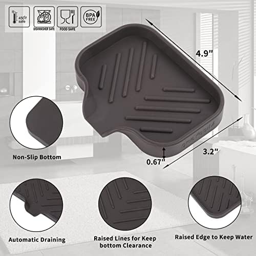 MicoYang Silicone Soap Dish with Drain Spout, Self-Draining Sink Organizer Tray for Bathroom and Kitchen, Sponges, Dispensers and Soap Holder, Non-Slip and Dishwasher Safe, Coffee (Compact, 4.9"×3.2")