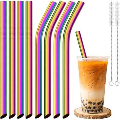 NiHome 8-Pack Stainless Steel Straws for Boba, Smoothie, 10.4” Metal Straws
