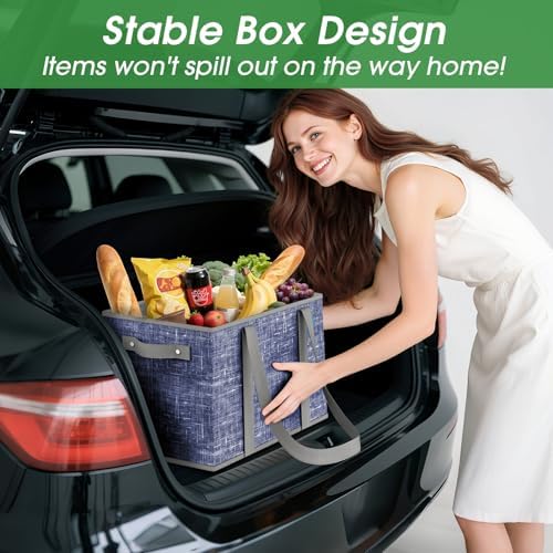 Fab totes Reusable Grocery Bags, Large Foldable Shopping Tote Bags with Reinforced Handles & Hard Bottom,4 Pack,Blue