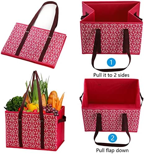 WUWEOT 4 Pack Reusable Grocery Bags, Large Shopping Box Tote, Foldable Washable Storage Bins with Reinforced Bottom Heavy Duty Handles for Fruit Vegetable Clothes Toys and Picnic