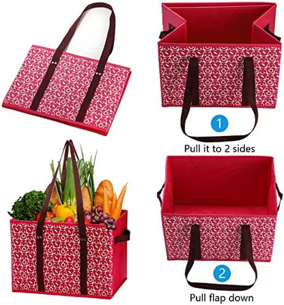 WUWEOT 4 Pack Reusable Grocery Bags, Large Shopping Box Tote, Foldable Washable Storage Bins with Reinforced Bottom Heavy Duty Handles for Fruit Vegetable Clothes Toys and Picnic