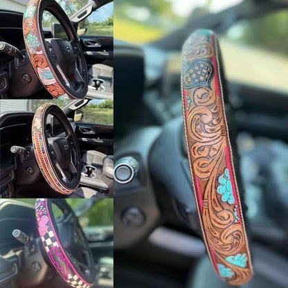 Western Steering Wheel Cover, Color Printed Embossed Hand-Painted Leather Western car Parts, for Women Man, Anti-Slip Design Easy to Install, for Trucks SUVs Cars (Style 5)