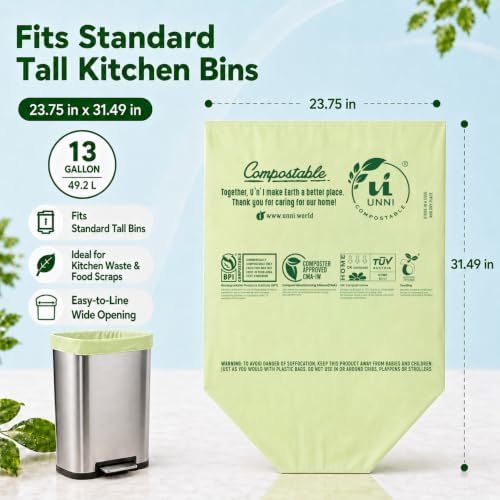 UNNI Compostable Bags, 13 Gallon, 50 Count, 49.2 Liter, Extra Thick 0.9 Mil