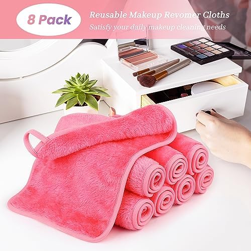 Reusable Makeup Remover Cloths 8 Pack, Ultra Soft Microfiber Facial Cleansing Cloths, Washable Makeup Remover Towels for All Skin Types,13x7 inch,Pink