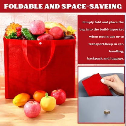 Zhehao 60 Pcs Reusable Grocery Bags Bulk Large Foldable Shopping Tote Bags Non Woven with Handle and Plastic Button(Red)