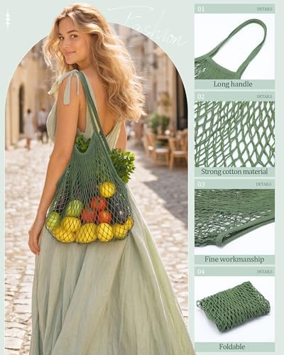Eccliy 12Pcs Reusable Cotton Mesh Grocery Bag with Handle, Green, 10 in