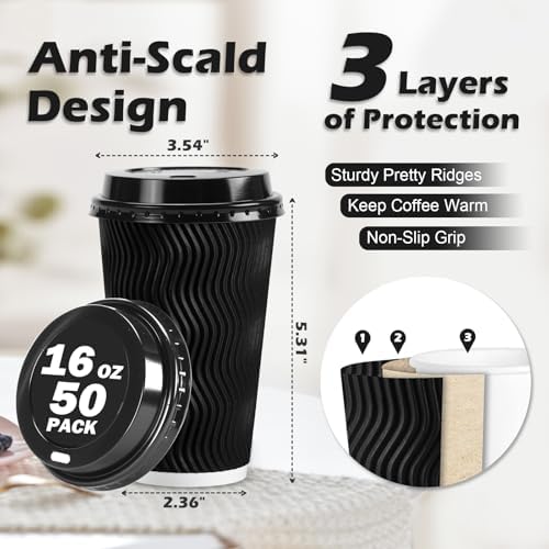 Lamosi 16 oz Disposable Coffee Cups with Lids, 100 Pack Insulated Hot Cups To Go Paper Coffee Cups with Lids and Straws, Corrugated Ripple Wall Cup for Hot Drink, Office, Coffee Bar (Black)