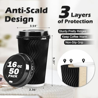 Lamosi 16 oz Disposable Coffee Cups with Lids, 100 Pack Insulated Hot Cups To Go Paper Coffee Cups with Lids and Straws, Corrugated Ripple Wall Cup for Hot Drink, Office, Coffee Bar (Black)