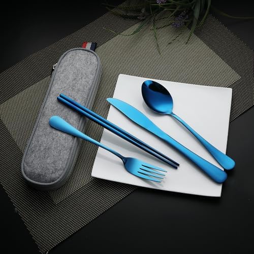 DEVICO Travel Utensils with Case, 5 Piece Portable Silverware Set for Work