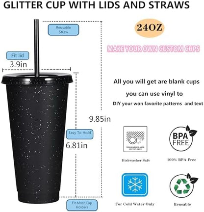 Suertestarry Tumbler with Straw and Lid,Water Bottle Iced Coffee Travel Mug Cup,Reusable Plastic Cups,Perfect for Parties,Birthdays,24oz-10 Pack (Black Glitter, 10 pack)