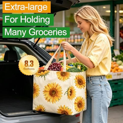 Aesthetic Canvas Reusable Grocery Bags Heavy Duty, 8.3 gal Foldable Large Tote Bag with Handles, Holds 60 lbs & Washable Eco-friendly Bags with 5 Pockets, Beige with a print 1 Bags