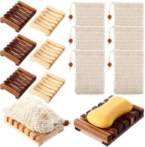 Mumufy 12 Pcs Bamboo Soap Dish Sisal Bag Drain,Mixed Color,Bamboo, Wooden