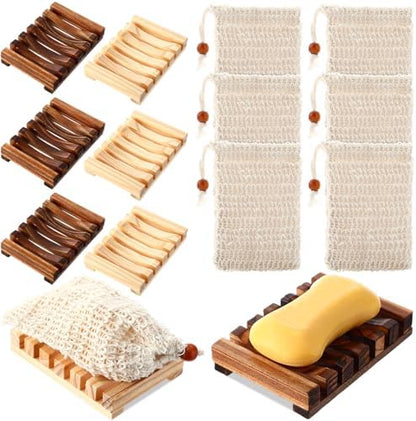 Mumufy 12 Pcs Bamboo Soap Dish Sisal Bag Drain,Mixed Color,Bamboo, Wooden