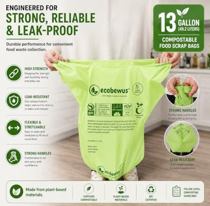 Certified Compostable 13 Gal Bags (35 Bags) Tall Kitchen Food Scrap Bags Certified Compostable Trash Bags BPI Certified Compostable & TÜV OK Compost HOME Certified, Meets ASTM D6400 (35 ct.)