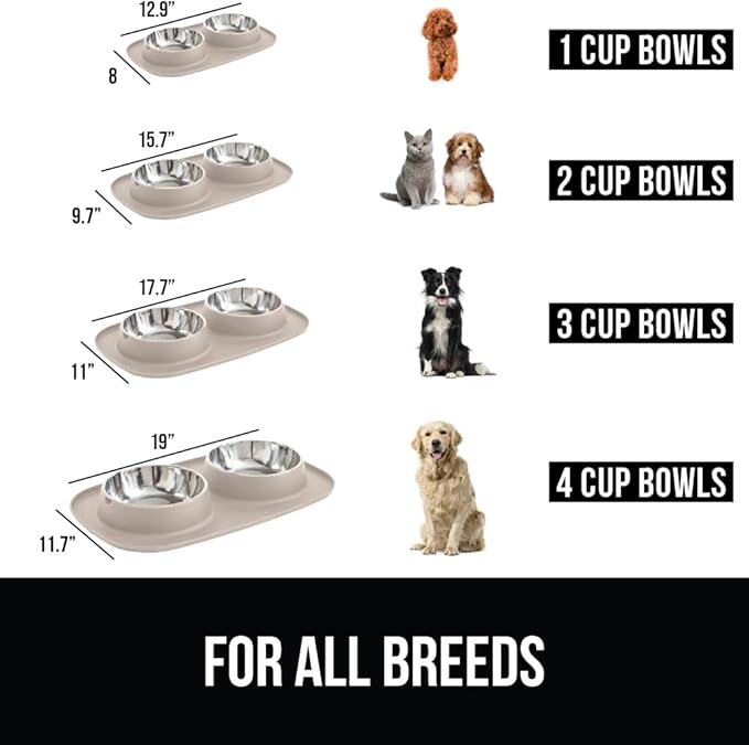 GORILLA GRIP Feeding Mat Set, Patent Pending 100% Waterproof BPA Free Silicone, Stainless Steel Cat and Dog Bowls, Slip Resistant, High Edges Catch Water Food, US Designed Pet Accessories, 1 Cup Beige