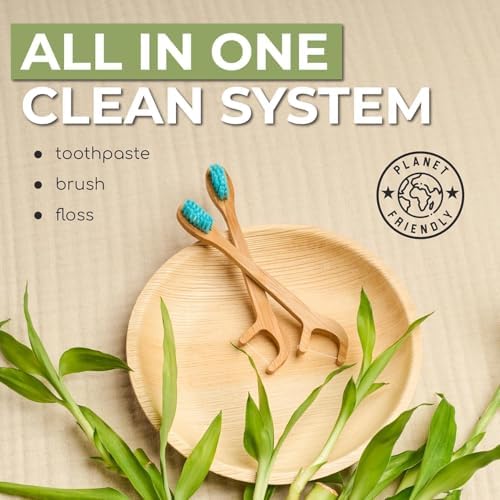 Brushee Travel Toothbrush 12-Pack, Bamboo Disposable 3-in-1 with Flosser
