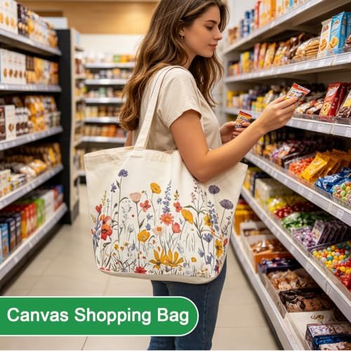 Aesthetic Canvas Reusable Grocery Bags Heavy Duty, 8.3 gal Foldable Large Tote Bag with Handles, Holds 60 lbs & Washable Eco-friendly Bags with 5 Pockets, Beige with a print 3 Bags（Wildflowers）