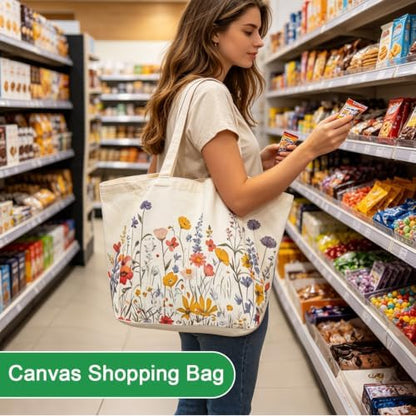 Aesthetic Canvas Reusable Grocery Bags Heavy Duty, 8.3 gal Foldable Large Tote Bag with Handles, Holds 60 lbs & Washable Eco-friendly Bags with 5 Pockets, Beige with a print 3 Bags（Wildflowers）