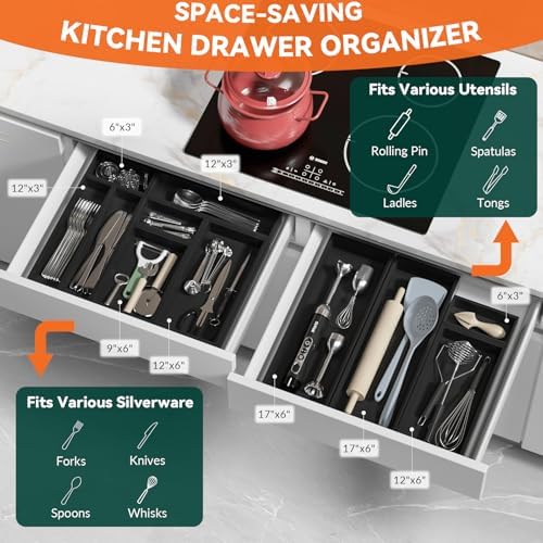 Lixple Bamboo Kitchen Drawer Organizer, 2 Pack, 17" x 6" x 2", Black