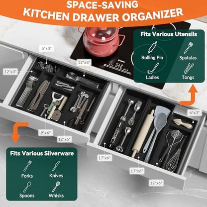 Lixple Bamboo Kitchen Drawer Organizer, 2 Pack, 17" x 6" x 2", Black