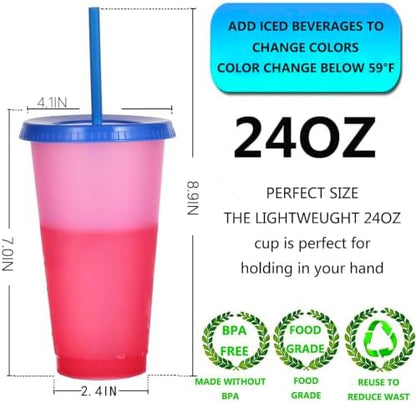 Color Changing Cups, 5 Pack 24oz Plastic Tumblers, Reusable Iced Coffee & Smoothie Cups with Lids and Straws for Parties and Travel (5 Changing, 5 Packs)