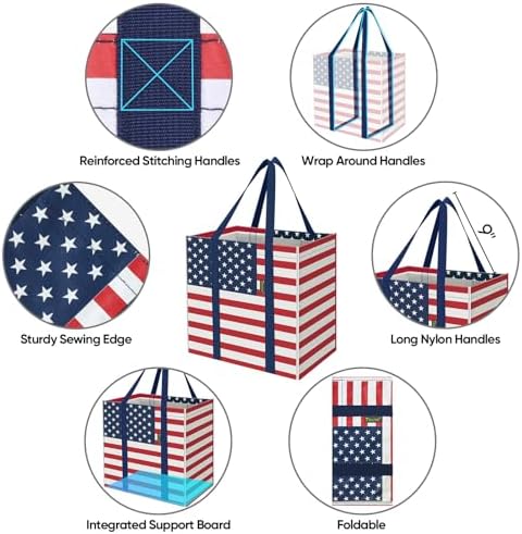 BALEINE 2 PK Grocery Bags Reusable Shopping Bags with Reinforced Bottom, Heavy Duty Foldable Tote Bags (Patriot Celebration)