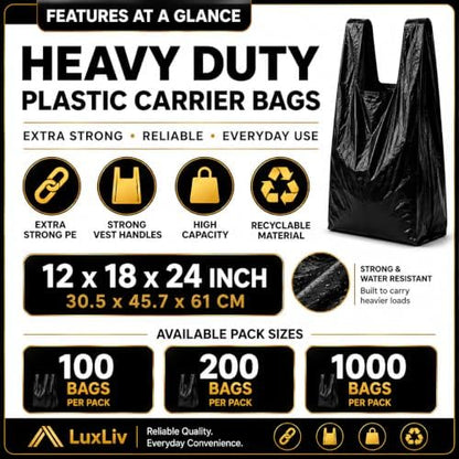 Heavy Duty Black Plastic Shopping Bags with Handles, T-Shirt Grocery Carrier, 12 x 18 x 24 Inch, HDPE for Retail, Convenience Stores and Takeout, 200 Count