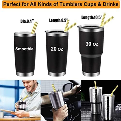 Vinaco 6 Pack Gold 0.4" Wide Bore Reusable Stainless Steel Smoothie Straws