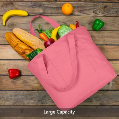 TOPDesign 6-Pack Canvas Tote Bags with an External Pocket, Reusable Grocery Shopping Bags, Top Zipper Closure, Daily Essentials (Rose Pink)