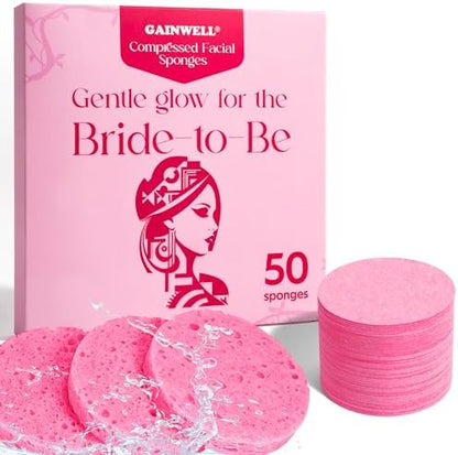 GAINWELL Bride to Be Gifts, 50-Count Compressed Facial Sponge, Daily Facial Cleansing and Exfoliating, 100％ Natural Cosmetic Spa Sponges for Makeup Remover, Reusable, Pink