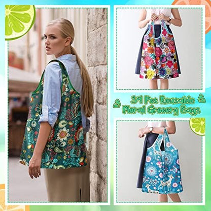 Shappy 34 Pcs Reusable Floral Grocery Bags Foldable Nylon Tote Bags Washable Shopping Bags Extra Large Cute Flower Reusable Bags with Attached Pouch for Women Grocery Shopping Supplies