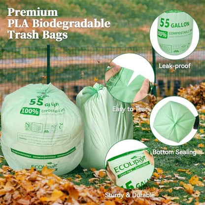 ECOLipak 55 Gallon 12 Count Large Compostable Trash Garbage Bags for Lawn