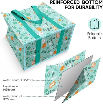 BALEINE 4 PK Grocery Bags Reusable Shopping Bags with Reinforced Bottom, Heavy Duty Foldable Tote Bags (Spring Stroll)