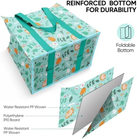 BALEINE 2 PK Grocery Bags Reusable Shopping Bags with Reinforced Bottom, Heavy Duty Foldable Tote Bags (Spring Stroll)