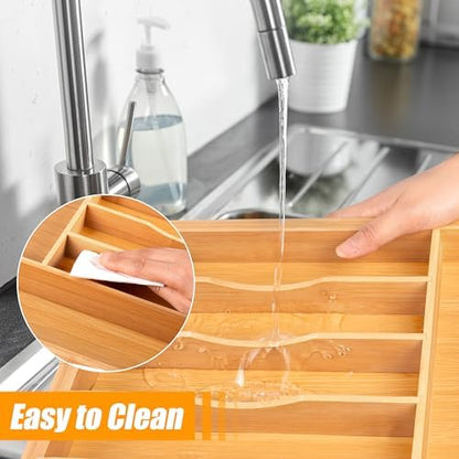 Bellsal Large Premium Bamboo Silverware Organizer - Expandable Utensil Drawer Organizer - 17"x19.6" Utensil Holder and Cutlery Tray with Grooved for Kitchen Flatware and Utensils Mother's Day Gift