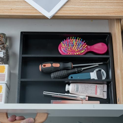 Fibogollo Bamboo Silverware Organizer with 3 Slots for Kitchen（Black）