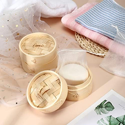 Chengu Natural Bamboo Soap Bar Holder with Lid Soap Dish Drain Foaming Net Shampoo Container Wood Tray Handmade Bamboo Case for Bathroom Shower Kitchen(4 Pcs,5.1 Inch)