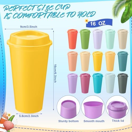 Honeydak 30 Pack 16 oz Reusable Coffee Cups with Lids Water Bottle Iced Coffee Travel Mug Portable Plastic Tea Tumblers Bulk for Hot and Cold Drinks Birthdays Party (Macaron Color,Classic)
