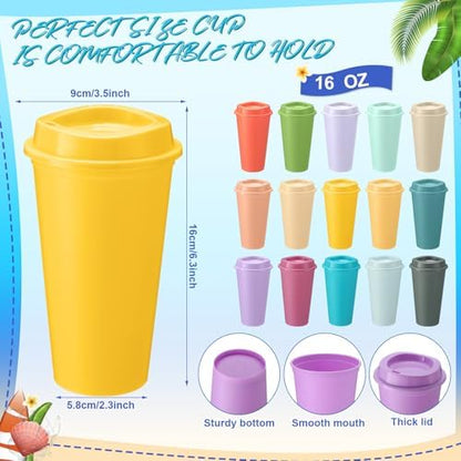Honeydak 30 Pack 16 oz Reusable Coffee Cups with Lids Water Bottle Iced Coffee Travel Mug Portable Plastic Tea Tumblers Bulk for Hot and Cold Drinks Birthdays Party (Macaron Color,Classic)