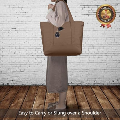 TOPDesign 3-Pack Canvas Tote Bags with an External Pocket, Reusable Grocery Shopping Bags, Top Zipper Closure, Daily Essentials (Brown)