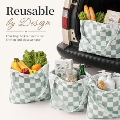 Checkered Reusable Grocery Shopping Bags 4 Packs, Cute Checkerboard Foldable Kitchen Large Nano Tote Bags