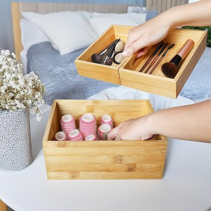 HOMESTEAD 3-Piece Stackable Bamboo Storage Box, Large Storage Bin, Wooden Boxes for Makeup Drawer Organizer Bathroom, Office Supplies, Kitchen Utensils, Bamboo Storage Containers (Medium)