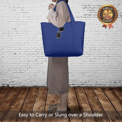 TOPDesign 6-Pack Canvas Tote Bags with an External Pocket, Reusable Grocery Shopping Bags, Top Zipper Closure, Daily Essentials (Blue)
