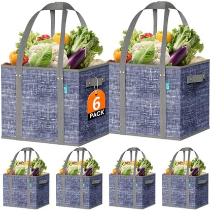 Fab totes Reusable Grocery Bags, Large Foldable Shopping Tote Bags with Reinforced Handles & Hard Bottom,6 Pack,Blue