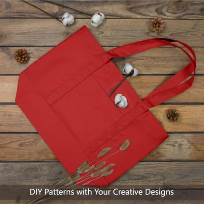 TOPDesign 6-Pack Canvas Tote Bags with an External Pocket, Reusable Grocery Shopping Bags, Top Zipper Closure, Daily Essentials (Red)