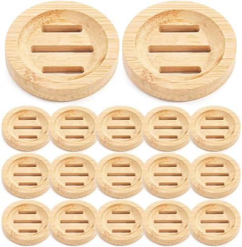 24PCS Bamboo Soap Dishes,3.2 in Round Wooden Soap Holder with Drainage Slots, Waterproof Lacquered Soap Bar Tray for Bathroom Shower, Shampoo Bar Holder, Scrub Sponge Tray