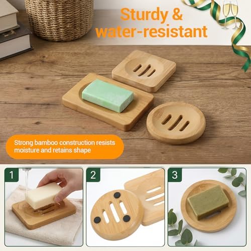 3PCS Bamboo Soap Holder Wooden Soap Dishes for Bathroom, Natural Soaps Dish Self-Draining Bar Soaps Holder Set (Round, Square, Rectangle) for Shower, Sink, Bathtub, and Home Accessories