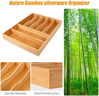 Bellsal Bamboo Silverware Drawer Organizer, Kitchen Utensil Drawer Organizers, 12"x15.7" Utensils Holder Cutlery Tray with Grooved Drawer Dividers for Kitchen Flatware Bedroom Office(7 Slot, Natural)