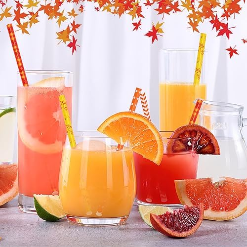 JANYUN 30 Pieces Fall Straws, 9inch Hard Platic Reusable Thanksgiving Drinking Straws Autumn Maple Leaf Pumpkin Straw for Family Party Favors Supplies Cleaning Brush (Orange & Yellow)