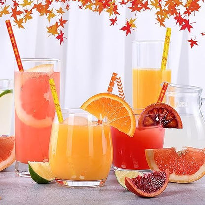 JANYUN 30 Pieces Fall Straws, 9inch Hard Platic Reusable Thanksgiving Drinking Straws Autumn Maple Leaf Pumpkin Straw for Family Party Favors Supplies Cleaning Brush (Orange & Yellow)